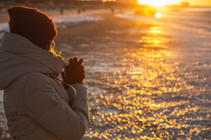 Young,Woman,Winter,Enjoying,Winter,Sun.,Red,Sunset,Light.,Winter