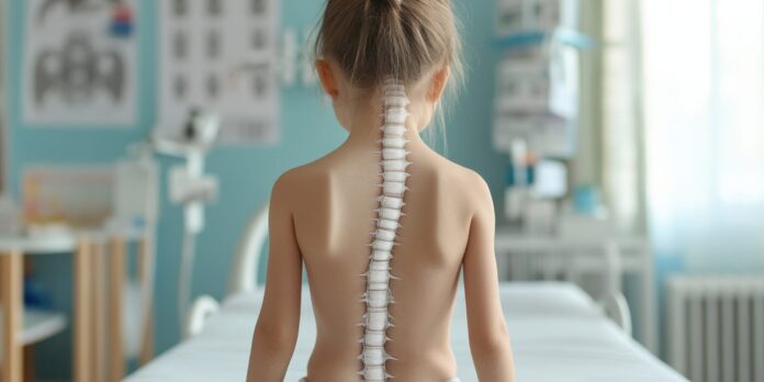 Pediatric Patient with Scoliosis Curvature Displayed on Back in Clinical Setting with Soft Lighting and Medical Background Elements for Health Awareness
